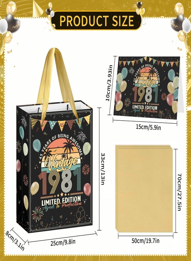 RUBOAOA 45th Birthday Gift Bag, Happy 45th Birthday Party Decorations for Men, 45 Years Old Gifts Wrap Bag with Greeting Card and 3 Gold Tissue Papers for Men Women Vintage 1981 Celebration - Image 3