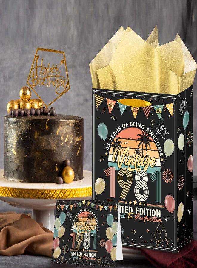RUBOAOA 45th Birthday Gift Bag, Happy 45th Birthday Party Decorations for Men, 45 Years Old Gifts Wrap Bag with Greeting Card and 3 Gold Tissue Papers for Men Women Vintage 1981 Celebration - Image 5