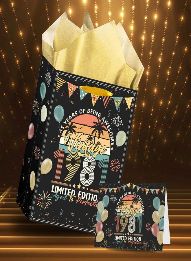 RUBOAOA 45th Birthday Gift Bag, Happy 45th Birthday Party Decorations for Men, 45 Years Old Gifts Wrap Bag with Greeting Card and 3 Gold Tissue Papers for Men Women Vintage 1981 Celebration - Image 2