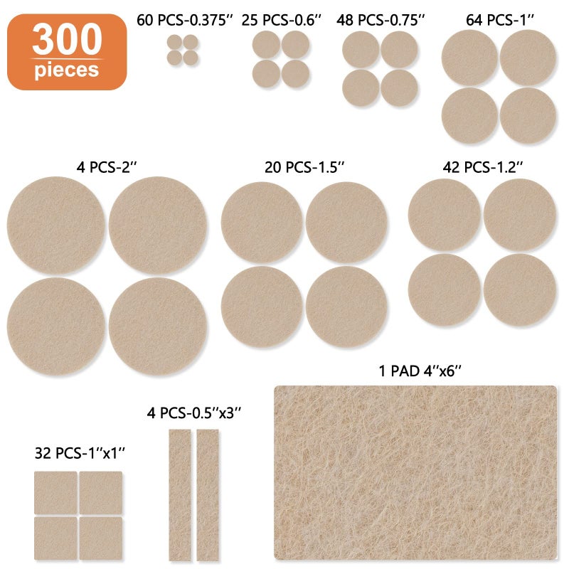 FURNIMATE وسادات أثاث من اللباد 300 قطعة من وسادات الأثاث للأرضيات الصلبة وحاميات الأرضيات لأرجل الأثاث وسادات لباد للأثاث وحافظات الأرضيات للأثاث بيج - Image 3