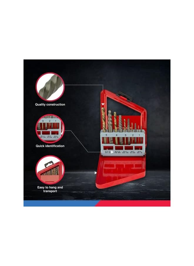 01925A Screw Extractor And Left Hand Drill Bit Set Hss M2 Steel Drill Bits Alloy Spiral Flutes Reverse Drill Bit And Bolt Extractor Easily Remove Stripped Screws And Broken Bolts 10 Pieces