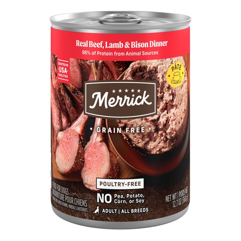 Merrick Grain Free Premium And Natural Canned Dog Food, Soft And Healthy Poultry Free Wet Recipe, Real Beef Lamb And Bison - (Pack of 12) 12.7 oz. Cans - Image 1