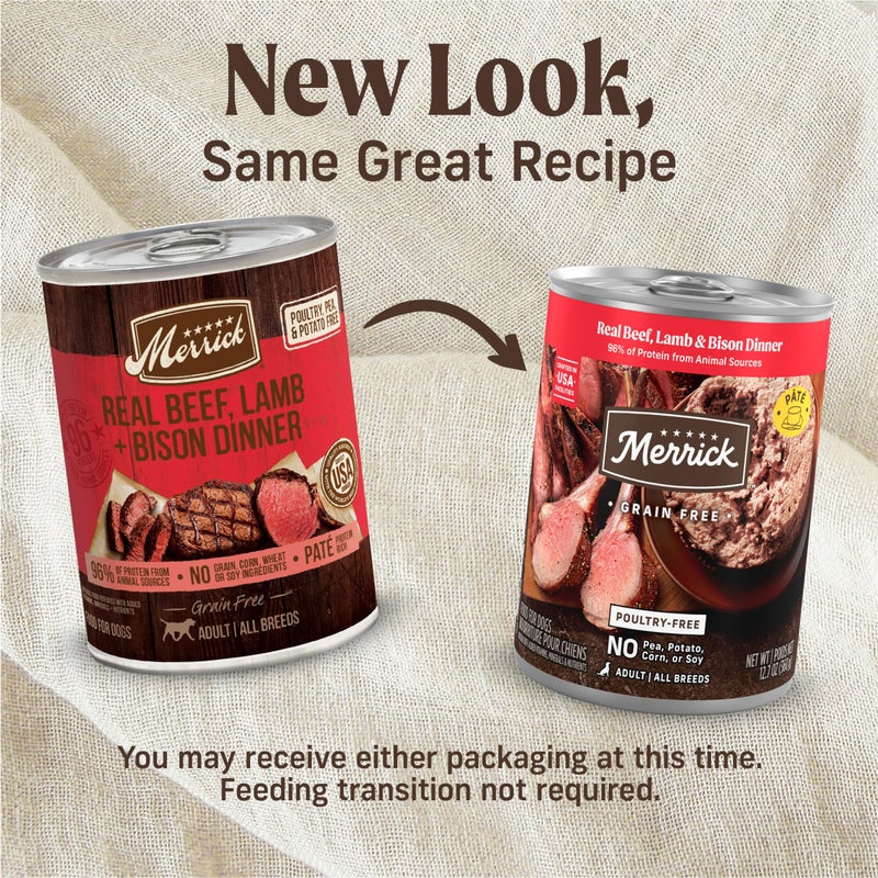 Merrick Grain Free Premium And Natural Canned Dog Food, Soft And Healthy Poultry Free Wet Recipe, Real Beef Lamb And Bison - (Pack of 12) 12.7 oz. Cans - Image 2