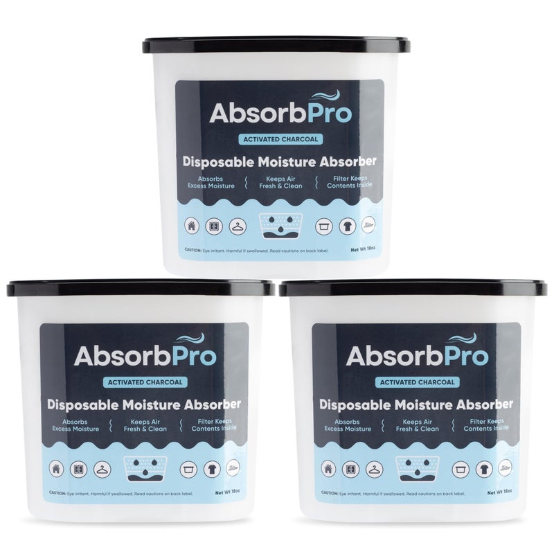 Absorb Pro - Moisture Absorber Tub with Activated Charcoal - 3-Pack - 18 oz Disposable Odor Eliminator Box & Dehumidifier for Garage, Home, Kitchen, Bedroom, Bathroom, Closet, Cars, and Boats - Image 1