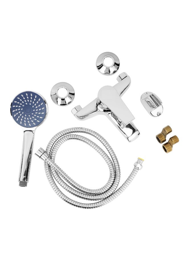 فكسر خلاط حمام ودش بمقبض واحد - حنفية مثبتة على الحائط مع دش يدوي وخرطوم | مقبض معدني متين | خرطوشة سيراميك | لمسة نهائية من الكروم - Image 5