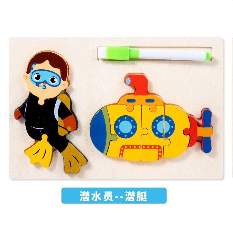 Wooden 3D Three-Dimensional Buckle Figure Three-Dimensional Jigsaw Puzzle Kindergarten Early Education Animal Digital Traffic Jigsaw Puzzle Toy - Image 1