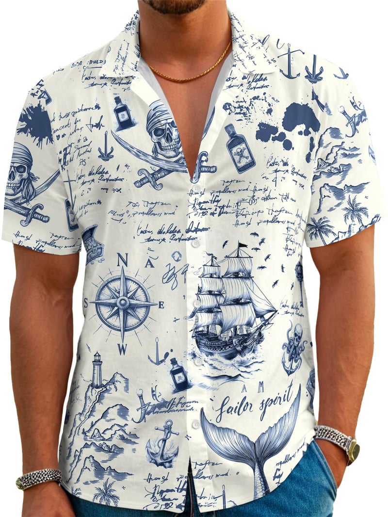 DFZ Pirate Button Down for Men Nautical Hawaiian Shirt with Anchor Design for Pirate Night Cruise Outfits Light Gray - Image 1