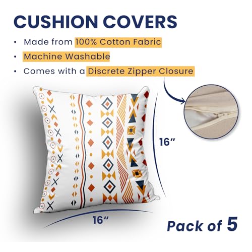 Urban Space Decorative Cotton Cushion Cover Set of 5, 16 inch x 16 inch Cushion Covers for Sofa, Bedroom, Living Room (Motif Mustard, Cushion Cover 40cm x 40cm, Set of 5) - Image 4