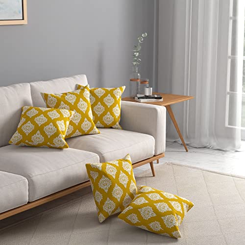 Urban Space Decorative Cotton Cushion Cover Set of 5, 16 inch x 16 inch Cushion Covers for Sofa, Bedroom, Living Room (Motif Mustard, Cushion Cover 40cm x 40cm, Set of 5) - Image 1