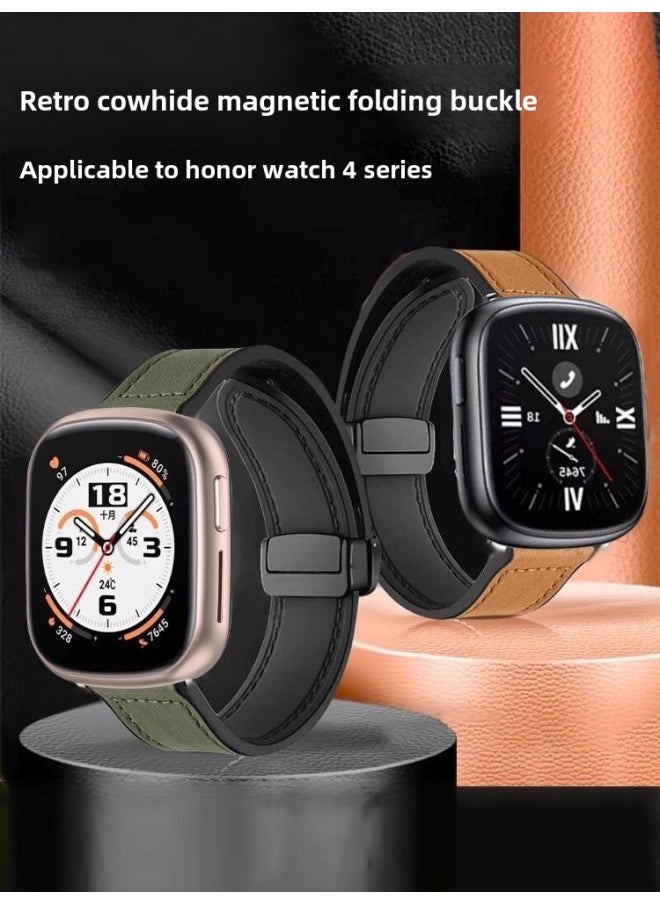 Generic Glory Watch 4 Strap Silicone Crazy Horse Leather Magnetic Buckle Wristband Smart Sports Watch Honor Four Generation-Color:[ Crazy Horse Leather Magnetic Buckle] Gray - Applicable To: Honor Watch 4  - Image 1