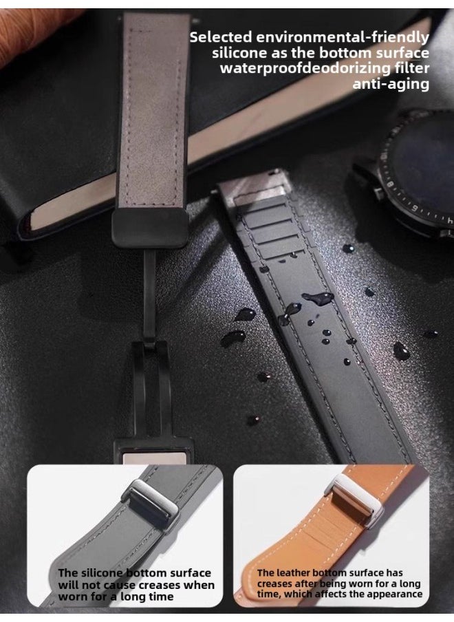 Generic Glory Watch 4 Strap Silicone Crazy Horse Leather Magnetic Buckle Wristband Smart Sports Watch Honor Four Generation-Color:[ Crazy Horse Leather Magnetic Buckle] Gray - Applicable To: Honor Watch 4  - Image 4