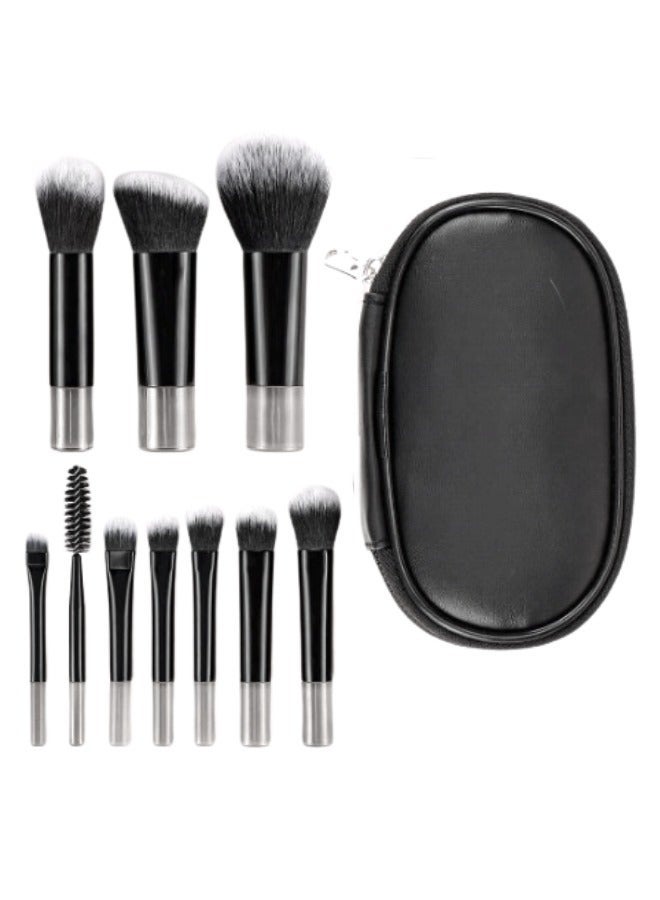 Hikma Beauty Portable Makeup Brush Set, Easy-Grip Full Function Mini Cosmetic Brush Set with Brush Bag 10 brushes(Black) - Image 1