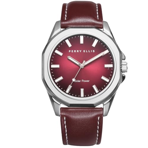 Perry Ellis Solar Powered Mens Watch Vegan Leather WaterResistant Analog Wrist Watches for Men 42mm Case Relojes para Hombres Elegant Gift for Man Red - Image 1