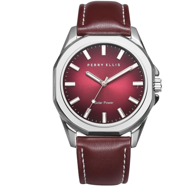 Perry Ellis Solar Powered Mens Watch Vegan Leather WaterResistant Analog Wrist Watches for Men 42mm Case Relojes para Hombres Elegant Gift for Man Red - Image 2