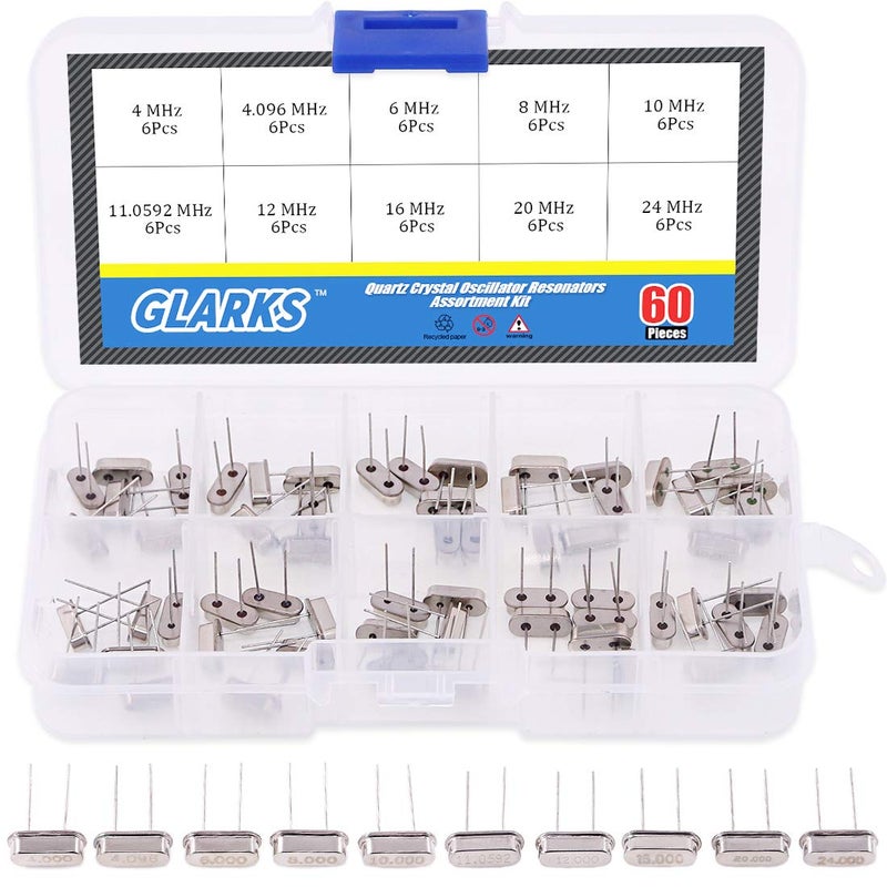 Glarks 60Pcs 10-Values Quartz Crystal Oscillator Resonators Assortment Kit 4MHz, 4.096MHz, 6MHz, 8MHz, 10MHz, 11.0592MHz, 12MHz, 16MHz, 20MHz, 24MHz - Image 1