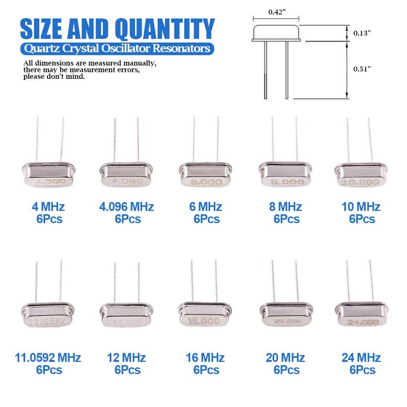 Glarks 60Pcs 10-Values Quartz Crystal Oscillator Resonators Assortment Kit 4MHz, 4.096MHz, 6MHz, 8MHz, 10MHz, 11.0592MHz, 12MHz, 16MHz, 20MHz, 24MHz - Image 2
