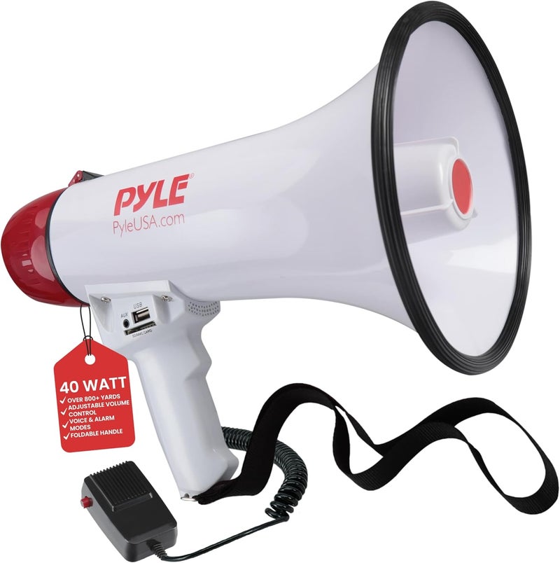 Pyle Megaphone Speaker PA Bullhorn with Built-in Siren - 40 Watt, 800 Yard Range for Sports and Safety Drills - Image 1
