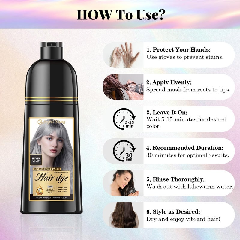 Joyful Young Hair Dye Shampoo 3-in-1, Silver Gray Semi-Permanent Color Enhancing Shampoo, Color Depositing Shampoo for Women & Men, Vegan, Ammonia-Free - Image 4