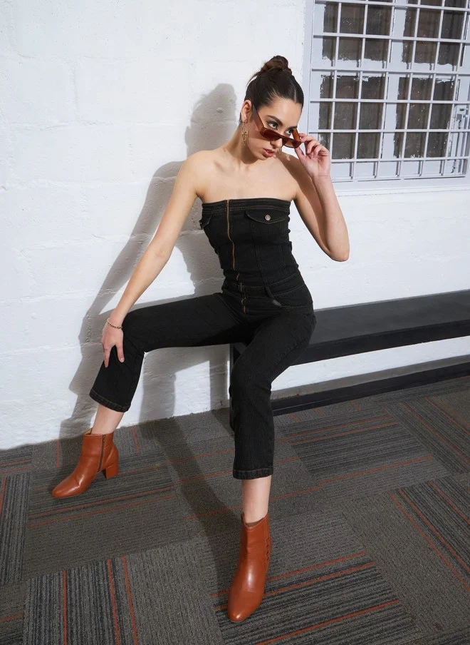 SASSAFRAS Strapless Black Denim Jumpsuit for Women