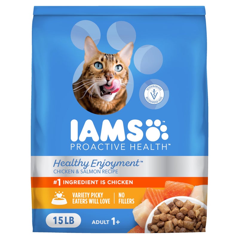 IAMS Healthy Enjoyment Dry Cat Food Chicken & Salmon Recipe, Cat Food Dry Recipe, 15 lb. Bag - Image 1