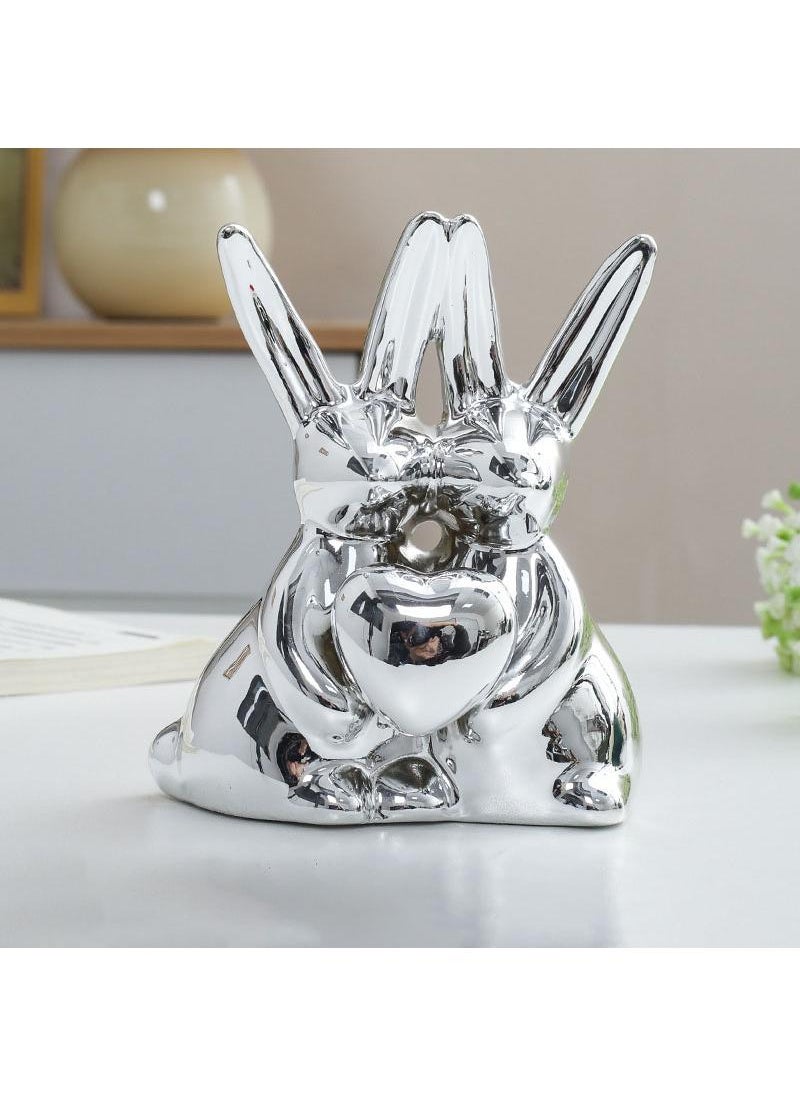 Y&D Ceramic Rabbit Wine Cabinet Decoration Light Luxury High-end Entrance Living Room TV Cabinet Ornaments Home Art Decoration-Silver Love 
