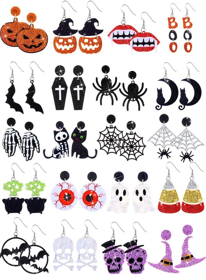 Nosiny 20 Pairs Halloween Earrings Skeleton Skull Earrings Bling Pumpkin Bat Ghost Dangle Earrings Jewelry for Women, Spooky - Image 1
