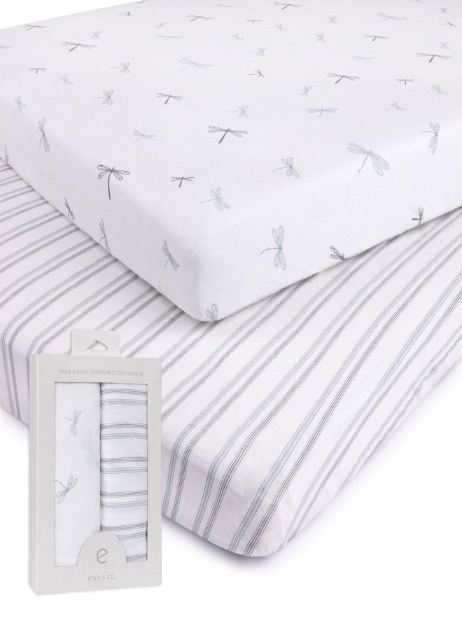 Ely's & Co. Pack and Play Sheets, for Mini/Portable Crib, 2 Pack Fitted Playpen Play Yard Sheet Set Compatible with Graco Pack n Play, for Baby Boys, 100% Cotton, 38”x24”x5” Blue Dragonfly + Stripes - Image 1