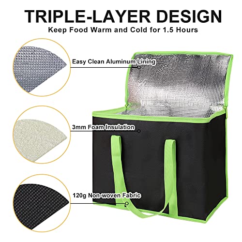 CIVJET 1-Pack Insulated Reusable Grocery Bags, X-Large Insulated Food Delivery Bag for Delivery Drivers, Commercial Food Warmer for Shopping, Tote Cooler Bags, Black with Green Edge - Image 4