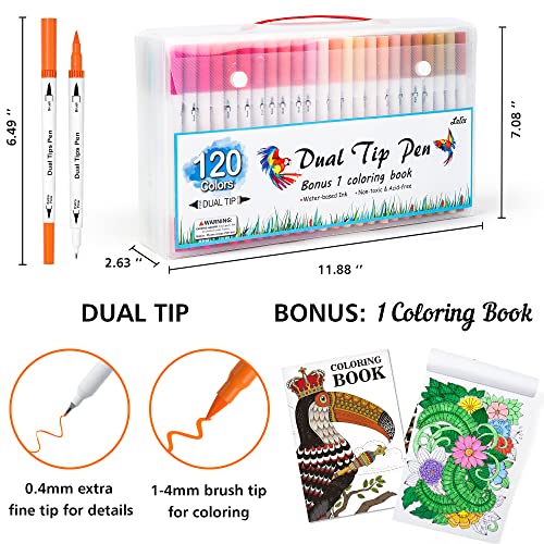 Lelix 120 Colors Dual Tips Brush Pens Art Markers with a Coloring Book, Brush and Fine Point Pens Fineliner for Adults Kids Coloring Books Calligraphy Journaling Lettering Drawing - Image 2