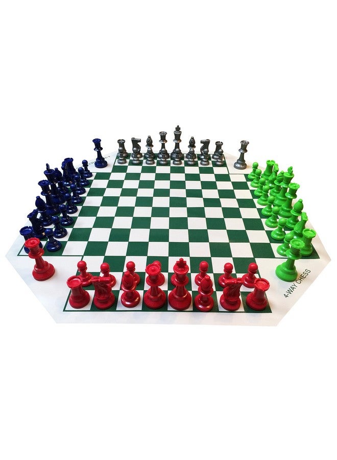 WE Games طقم شطرنج لأربعة لاعبين من WE Games، لوحة شطرنج لشطرنج الفرق، لعبة شطرنج مدمجة تصل إلى 4 لاعبين، أطقم شطرنج فريدة للبالغين والأطفال، سجادة شطرنج قابلة لللف مع 4 أطقم من قطع الشطرنج - Image 1