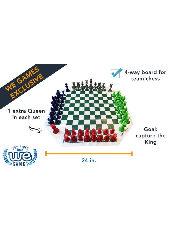 WE Games طقم شطرنج لأربعة لاعبين من WE Games، لوحة شطرنج لشطرنج الفرق، لعبة شطرنج مدمجة تصل إلى 4 لاعبين، أطقم شطرنج فريدة للبالغين والأطفال، سجادة شطرنج قابلة لللف مع 4 أطقم من قطع الشطرنج - Image 2