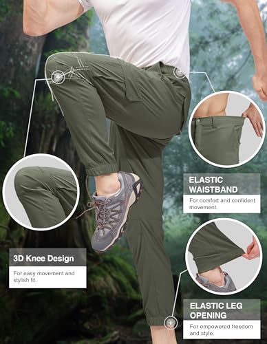 PULI Hiking Pants for Men Cargo Slim Fit Stretch Joggers Workout Waterproof Outdoor Trousers with Pockets Army Green 32 - Image 3
