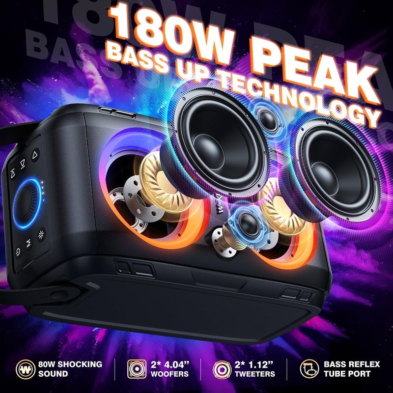 W-KING Bluetooth Speaker Loud- (180W PEAK)80W Super Bass, Huge 105dB Sound, Portable Party Wireless Outdoor Speaker/4 Drivers(2*4.04'' Woofer)/Lights, IPX5 Large Speaker, 24H, U-Disk, TF Card, AUX, EQ - Image 1