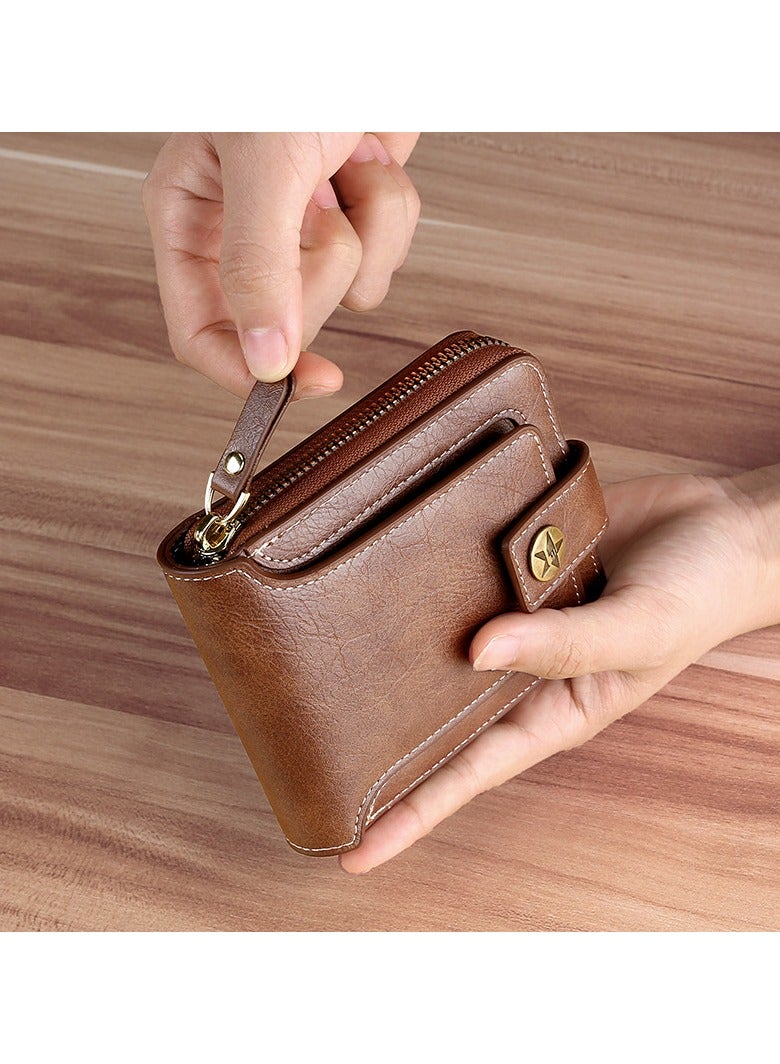 CarrKen Men's Short Wallet European and American Fashion Retro Multifunctional Wallet Zipper Buckle Card Holder Brown - Image 3