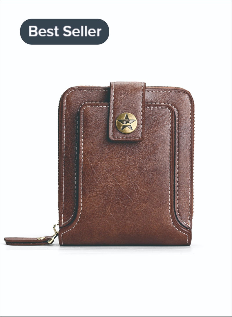 CarrKen Men's Short Wallet European and American Fashion Retro Multifunctional Wallet Zipper Buckle Card Holder Brown - Image 1