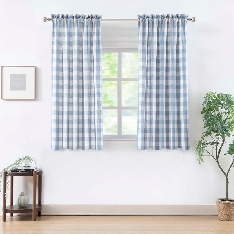 Bapawfish Short Beige-Dusty Blue Buffalo Plaid Curtains 54 Inches Long,Semi Sheer Buffalo Check Farmhouse Drapes,Gingham Checkered Rod Pocket Window Treatment for Bedroom Living Room,40" Wx54 Lx2 - Image 1