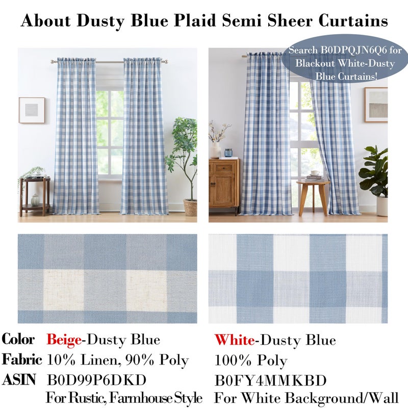 Bapawfish Short Beige-Dusty Blue Buffalo Plaid Curtains 54 Inches Long,Semi Sheer Buffalo Check Farmhouse Drapes,Gingham Checkered Rod Pocket Window Treatment for Bedroom Living Room,40" Wx54 Lx2 - Image 2