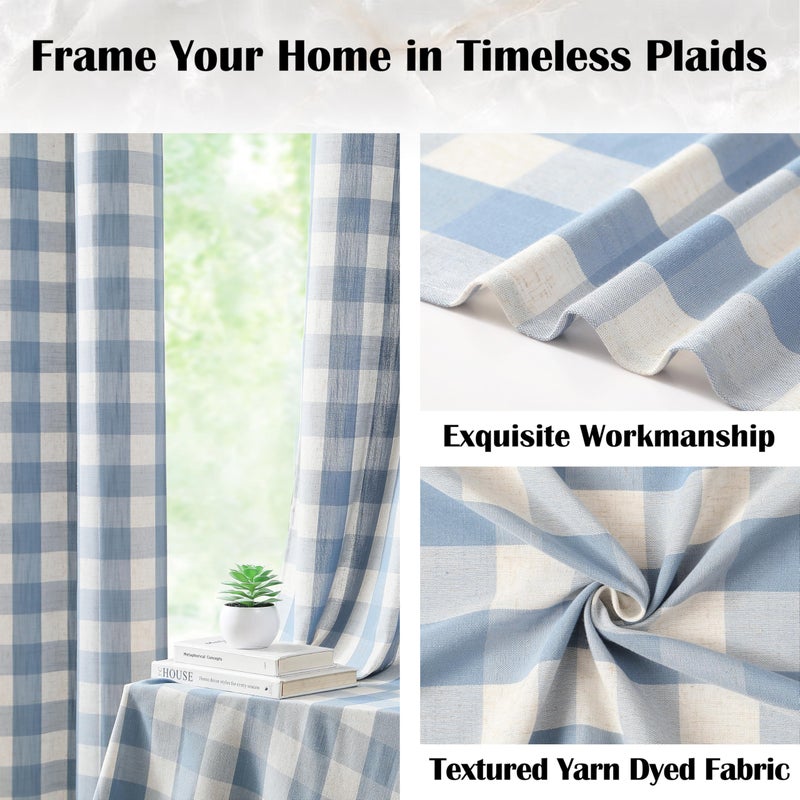 Bapawfish Short Beige-Dusty Blue Buffalo Plaid Curtains 54 Inches Long,Semi Sheer Buffalo Check Farmhouse Drapes,Gingham Checkered Rod Pocket Window Treatment for Bedroom Living Room,40" Wx54 Lx2 - Image 4