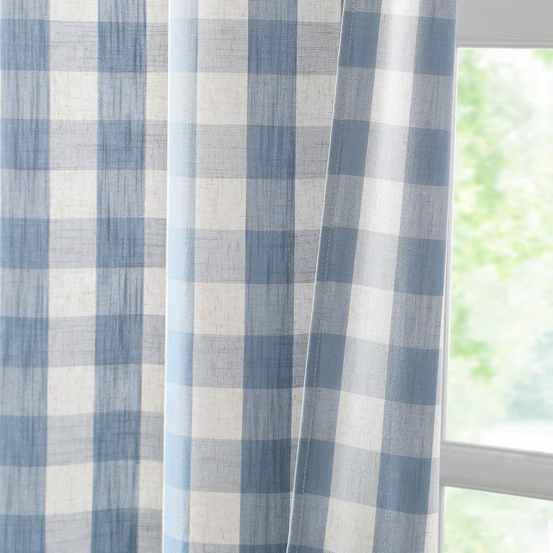 Bapawfish Short Beige-Dusty Blue Buffalo Plaid Curtains 54 Inches Long,Semi Sheer Buffalo Check Farmhouse Drapes,Gingham Checkered Rod Pocket Window Treatment for Bedroom Living Room,40" Wx54 Lx2 - Image 3