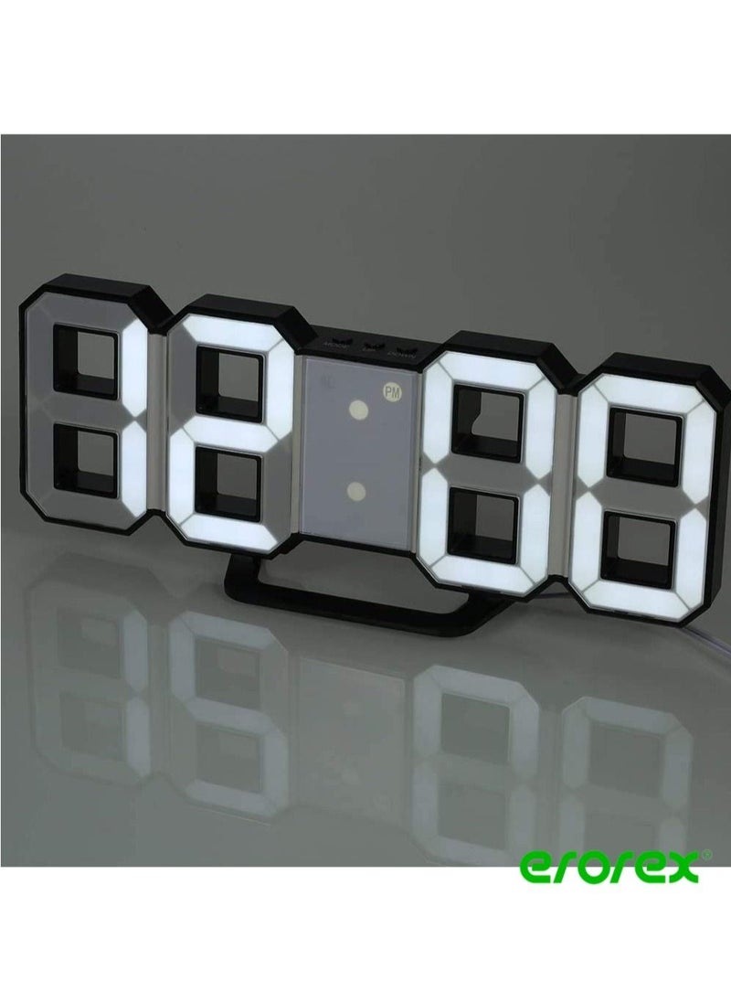 LED Digital Alarm Clock for Desk Shelf Tabletop Modern Home Decoration 3D Wall Clock Easy to Read at Night Loud Alarm and Snooze Big Digit Display Black/White