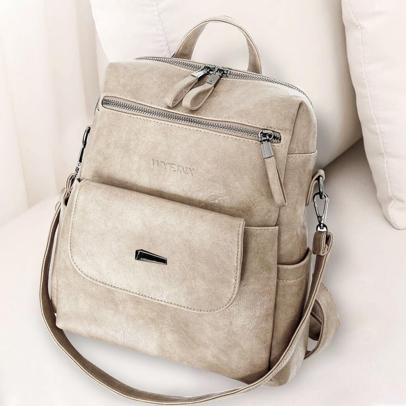 WYFJNX PU Leather Backpack Purse for Women Fashion Multipurpose Design Handbag Ladies Shoulder Bags Travel Backpack Beige - Image 4