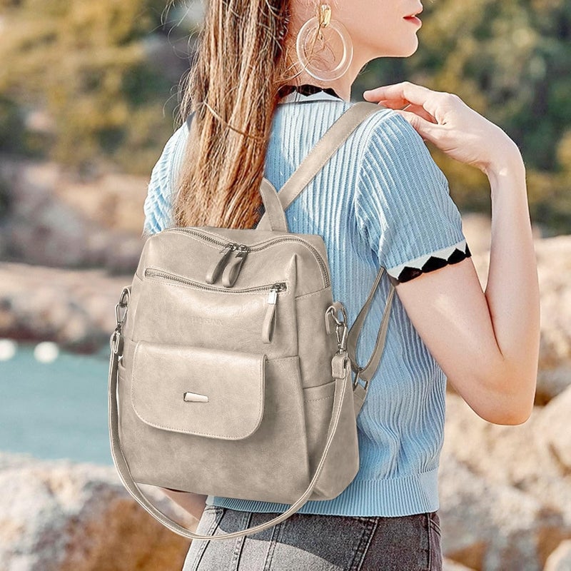 WYFJNX PU Leather Backpack Purse for Women Fashion Multipurpose Design Handbag Ladies Shoulder Bags Travel Backpack Beige - Image 5