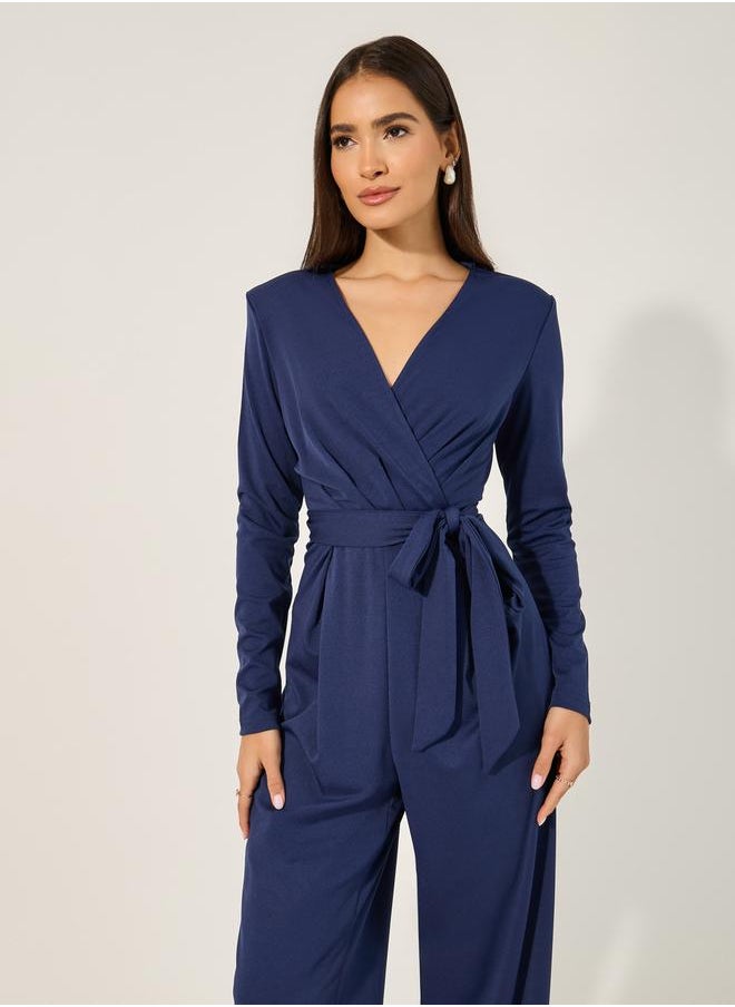 Styli V neck Long sleeve jumpsuit in stretchy fabric with tie belt at waist  - Image 2