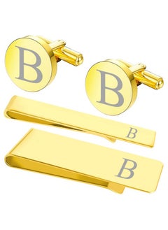 BodyJ4You 4Pc Cufflinks, Tie Bar, Money Clip - Initial B Engraving Alphabet Letter - Mirror Polished Goldtone Steel Jewelry Set - Men'S Cuff Links Shirt Formal Suit - Fathers Day Wedding Groom  - Image 1
