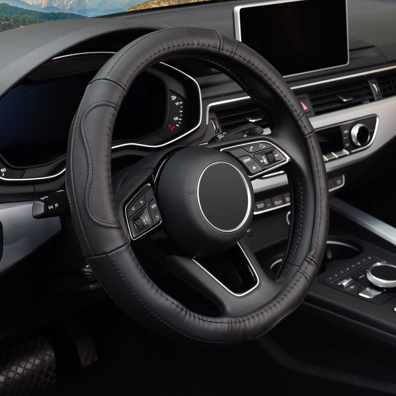 KAFEEK Steering Wheel Cover Universal 15 inch Microfiber Leather AntiSlipOdorless Black Lines