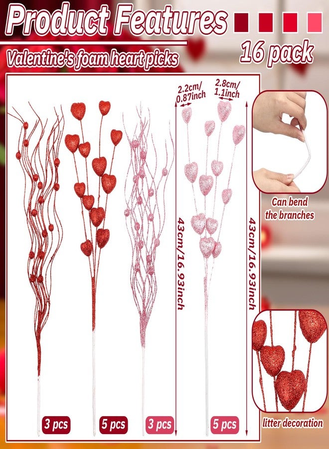Solsew 16 Pcs 17 Inch Valentine Picks Artificial Berry Flower Red Pink Heart Stems Picks Valentines Day Decorations for Tree Topper Wedding Anniversary Table Centerpiece Vase Decor - Image 2