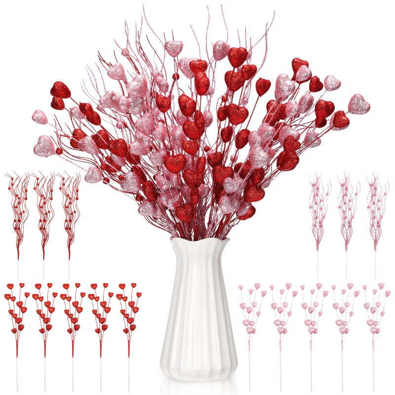 Solsew 16 Pcs 17 Inch Valentine Picks Artificial Berry Flower Red Pink Heart Stems Picks Valentines Day Decorations for Tree Topper Wedding Anniversary Table Centerpiece Vase Decor - Image 1