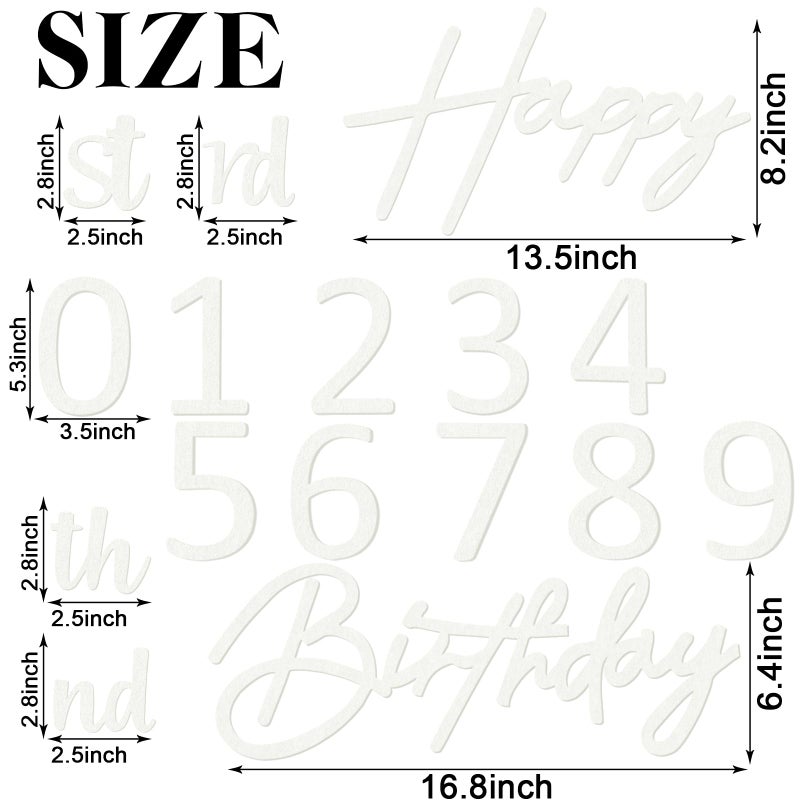MASTRON Happy Birthday with 0-9 Numbers Sign for Backdrop - Felt Custom Age Happy Birthday Decal for Balloon Arch Birthday Decorations Baby Shower - White - Image 2