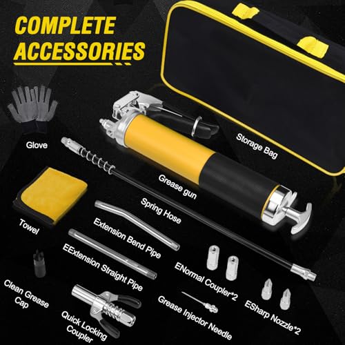 GETLMUL Grease Gun Kit, 7000 PSI Heavy Duty Pistol Grip Grease Gun with 14 oz Capacity, Includes 18 Inch Resin Flex Hose, Double Handle Grease Coupler and Other Accessories, Grease Gun for Automotive, Marine - Image 2
