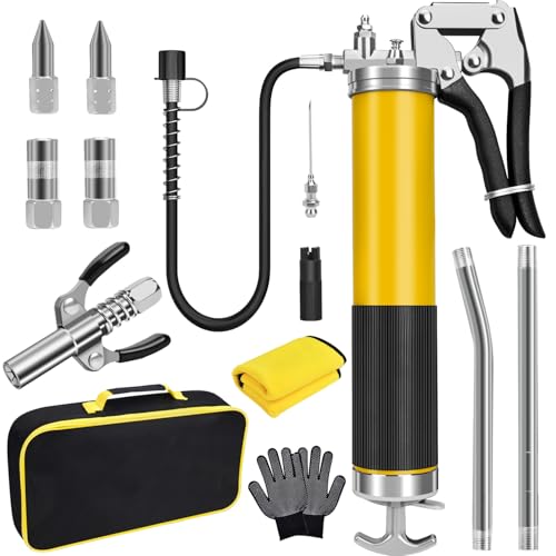 GETLMUL Grease Gun Kit, 7000 PSI Heavy Duty Pistol Grip Grease Gun with 14 oz Capacity, Includes 18 Inch Resin Flex Hose, Double Handle Grease Coupler and Other Accessories, Grease Gun for Automotive, Marine - Image 1